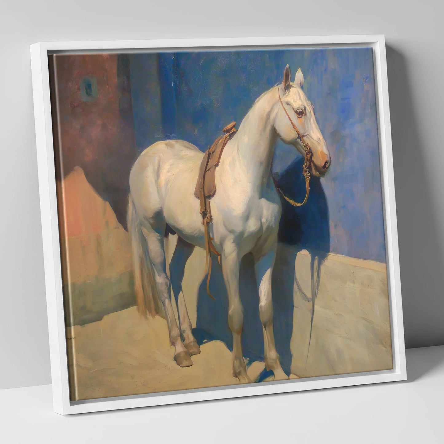 Sunlit Grey against Azure horse breed canvas wall art in white frame