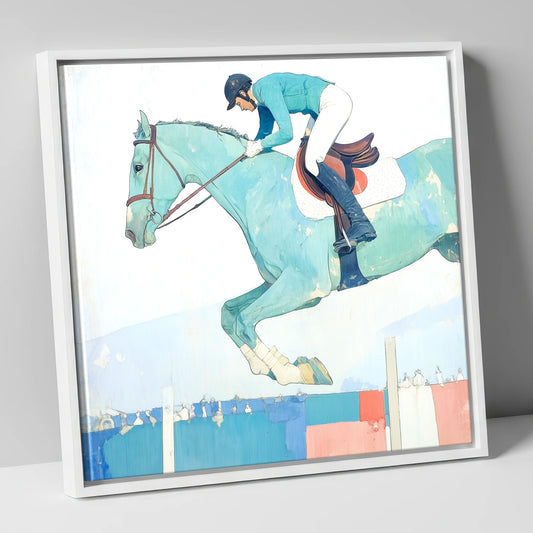 Aquamarine Ascent show jumping horse canvas wall art in white frame
