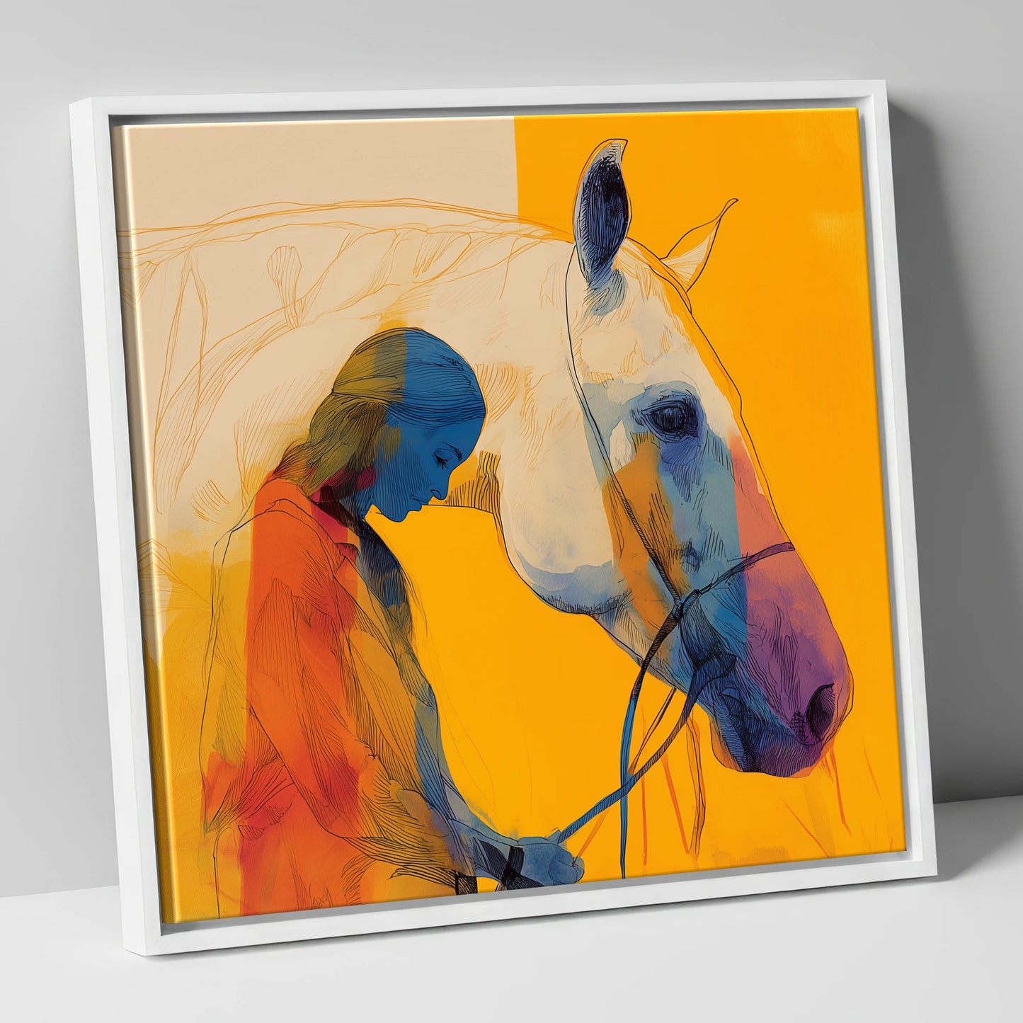 Vibrant Connection horse & rider canvas wall art in white frame