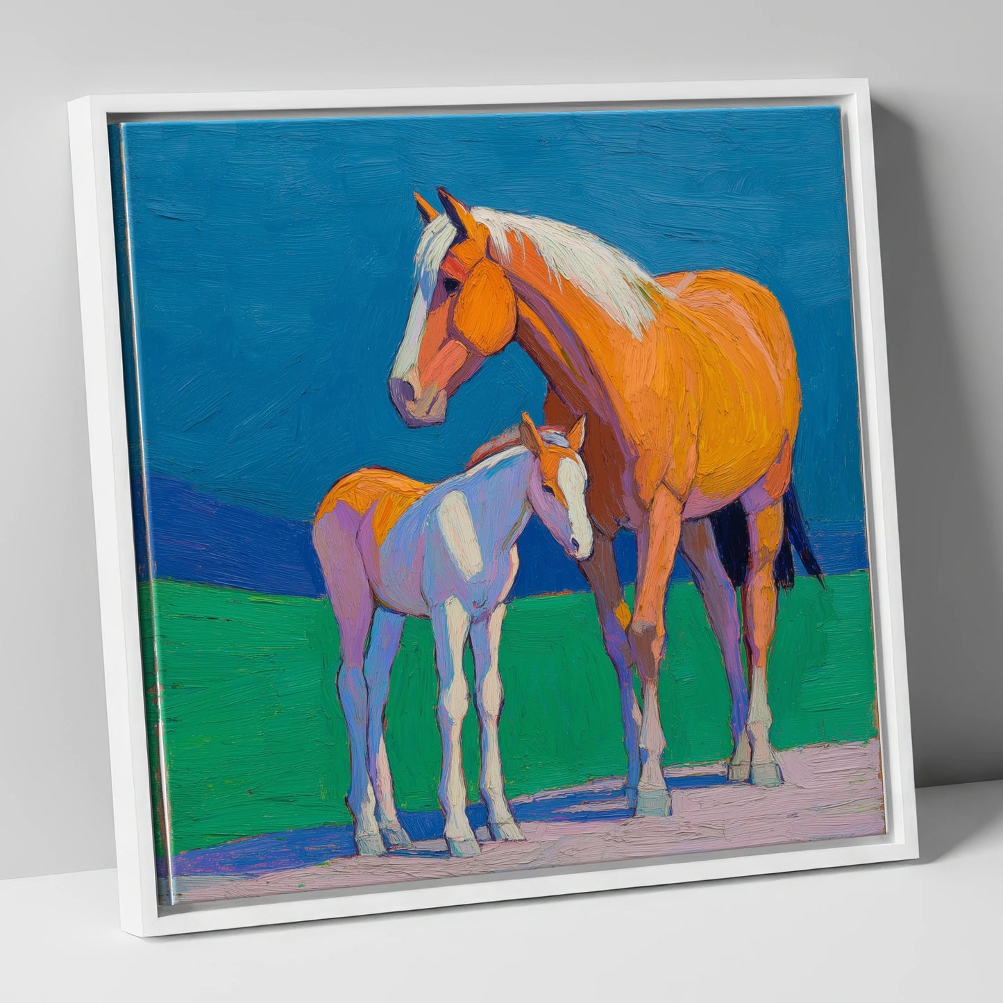 Vivid Summer Bond mare & foal canvas wall art in white frame