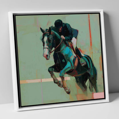 Airborne in Teal show jumping horse canvas wall art in white frame