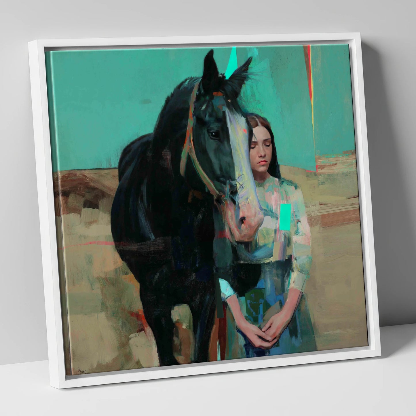 The Quiet Bond horse & rider canvas wall art in white frame
