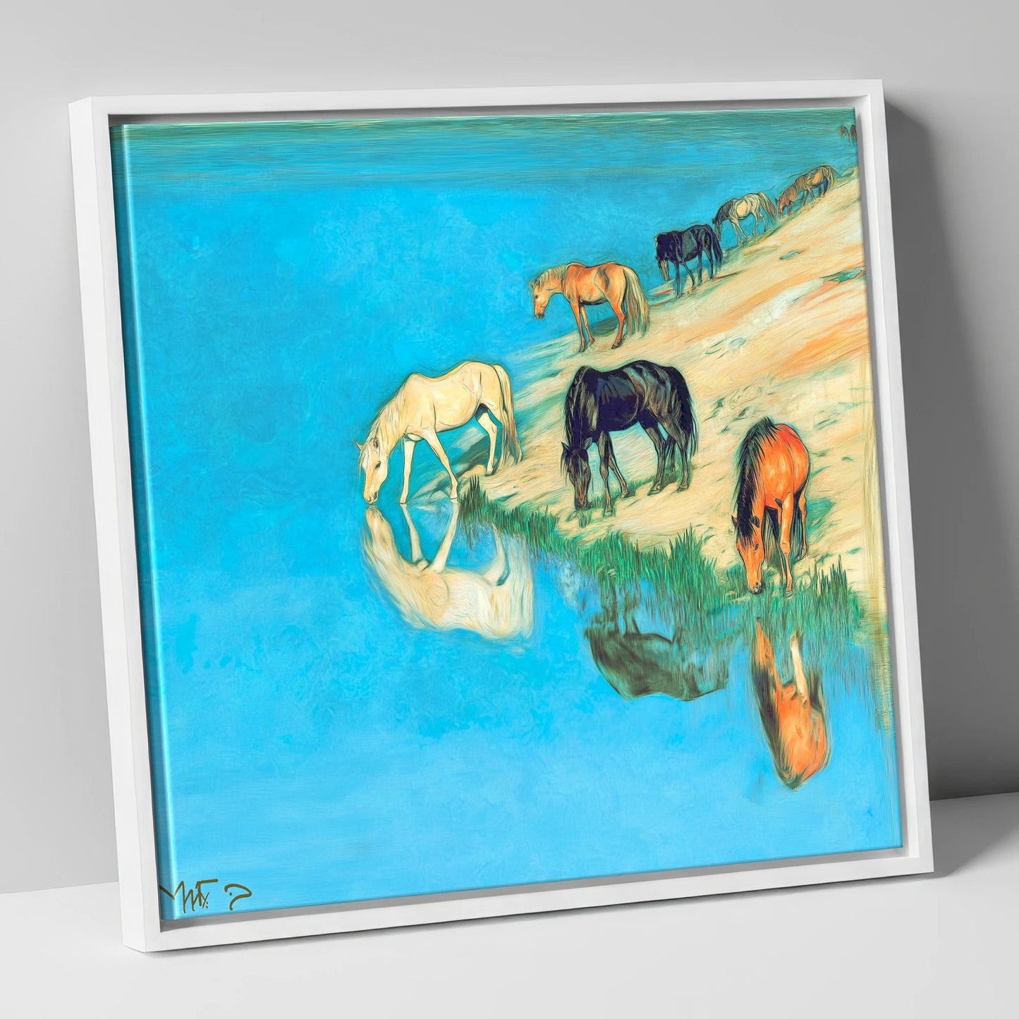 Azure Bank Reflections wild horses canvas wall art in white frame