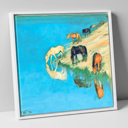 Azure Bank Reflections wild horses canvas wall art in white frame