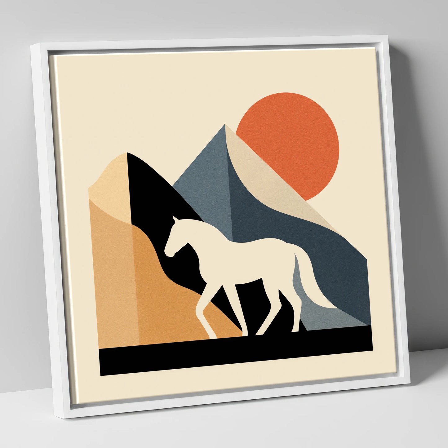 Abstract Equine Sunrise horse landscape canvas wall art in white frame