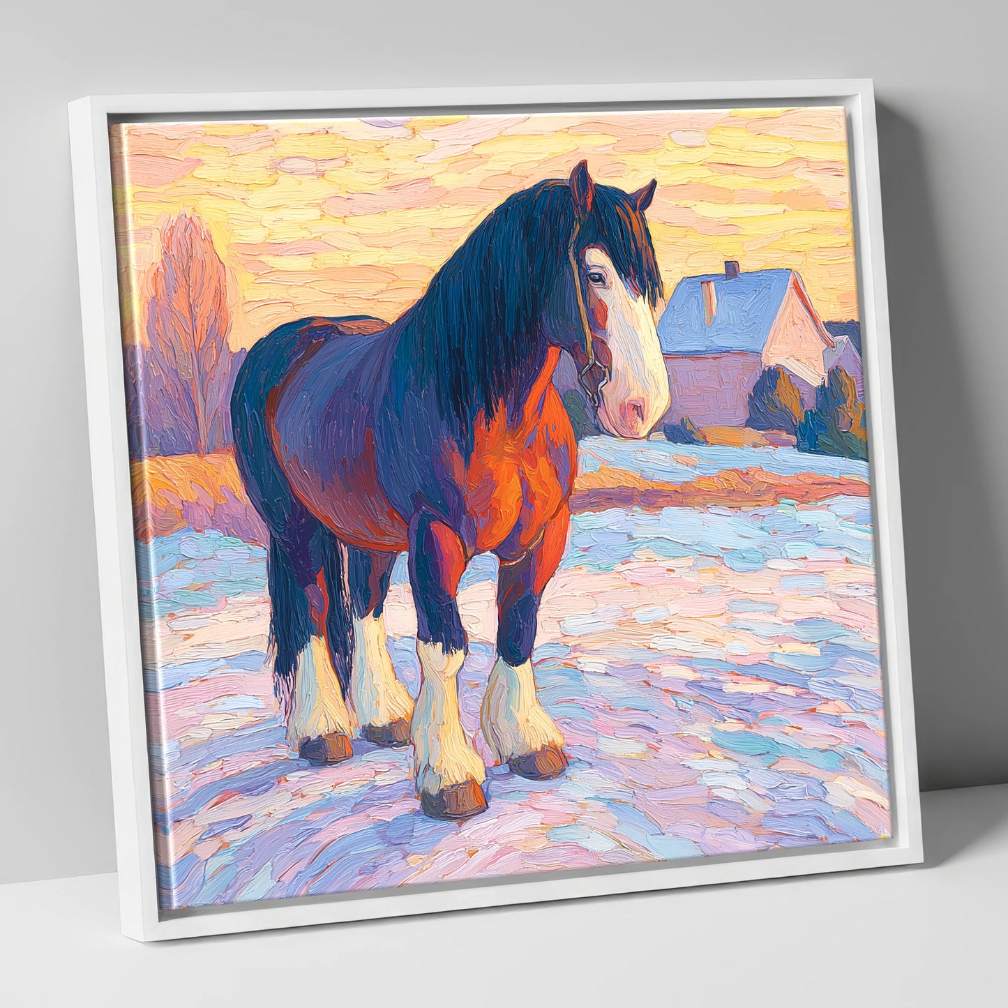 Majestic Winter Shire horse breed canvas wall art in white frame