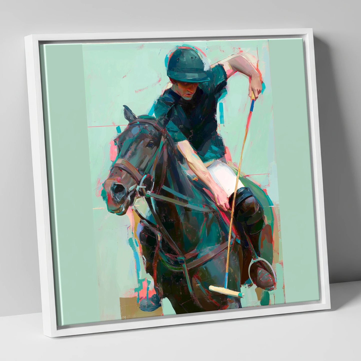 The Decisive Swing polo horse canvas wall art in white frame