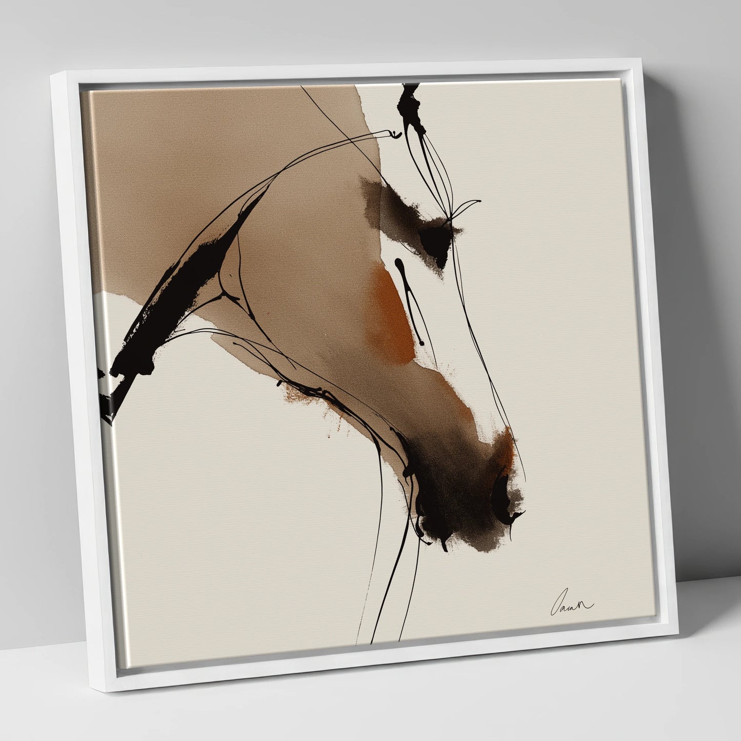 Abstract Sepia Profile horse portrait canvas wall art in white frame