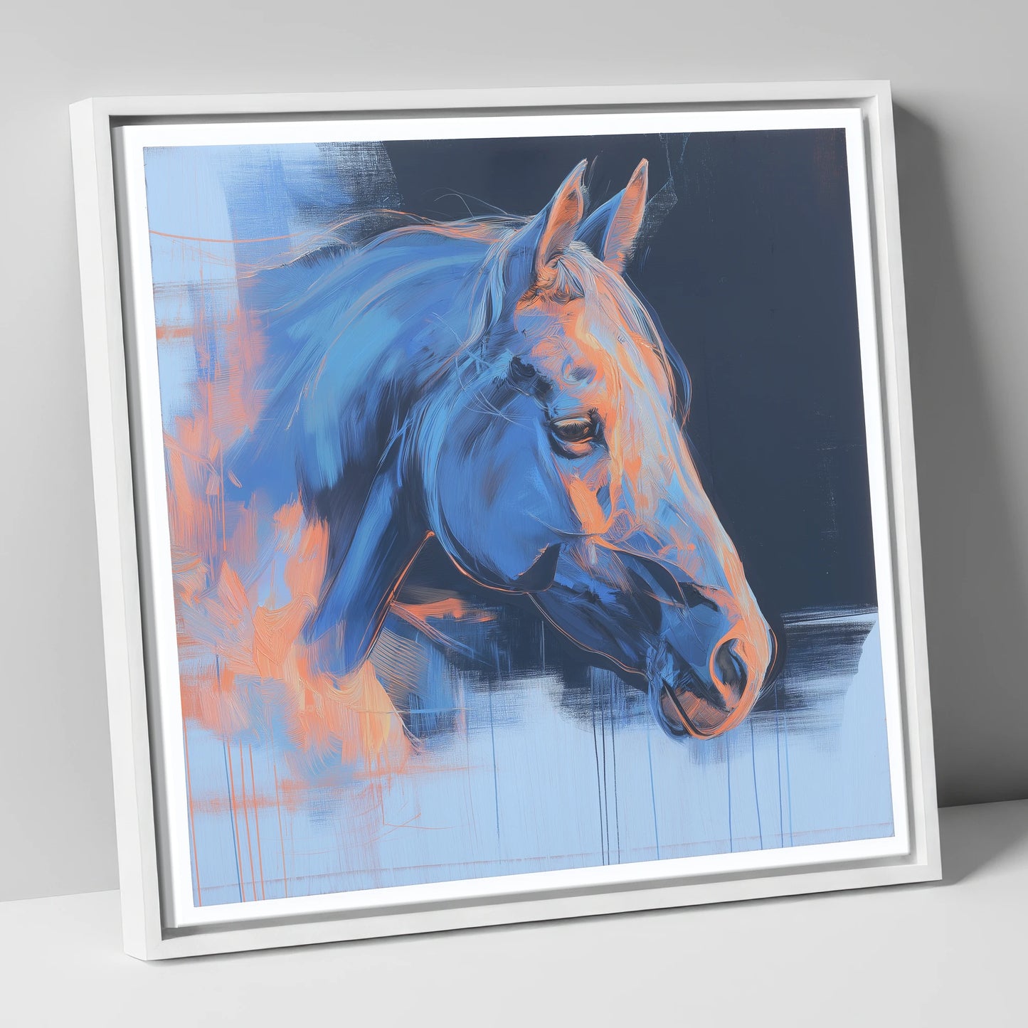 Expressive Cobalt Profile horse portrait canvas wall art in white frame