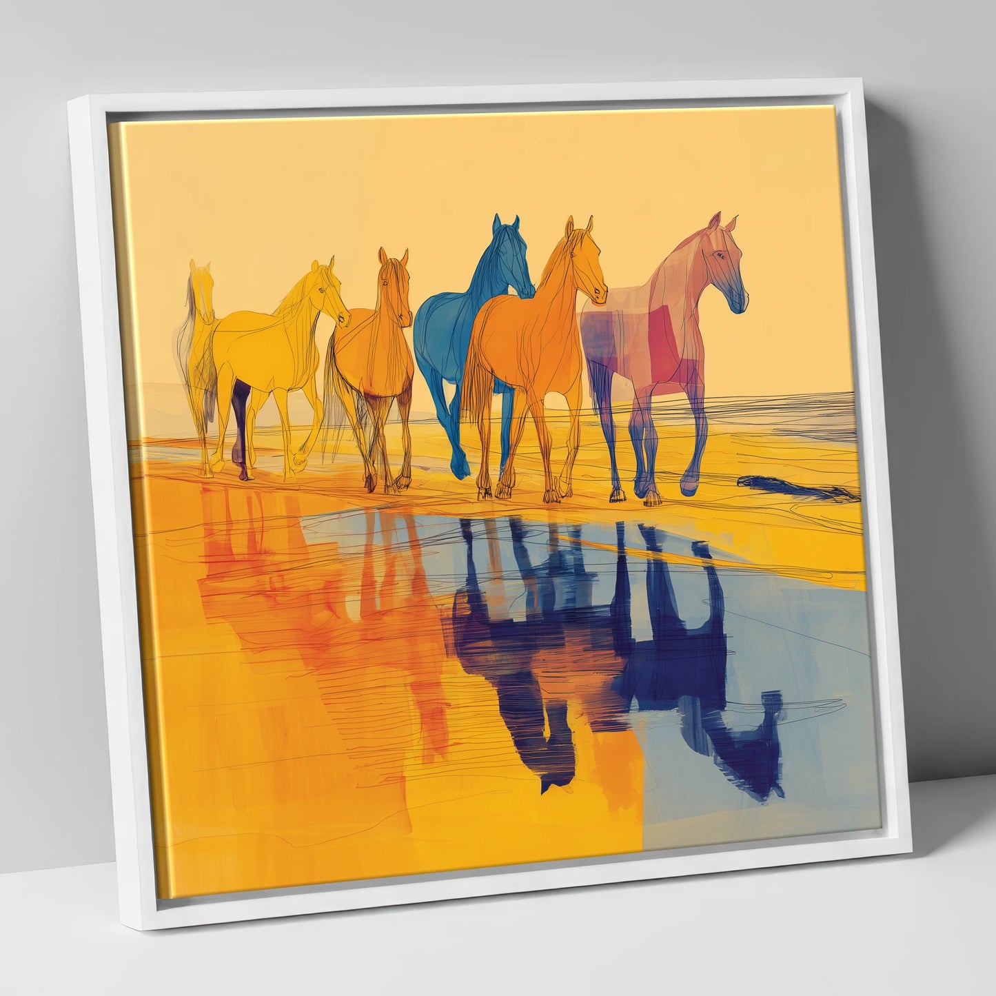 Vivid Equine Reflections horse landscape canvas wall art in white frame