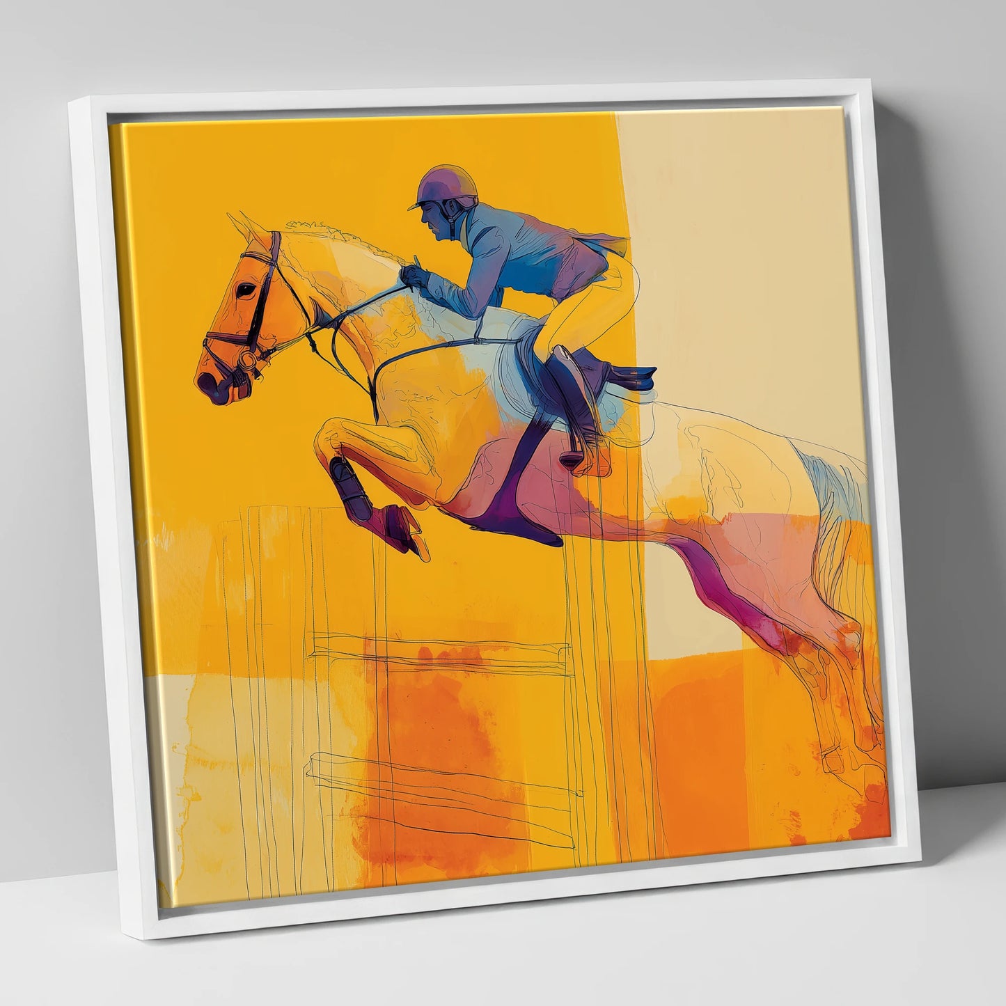 Amber Flight show jumping horse canvas wall art in white frame
