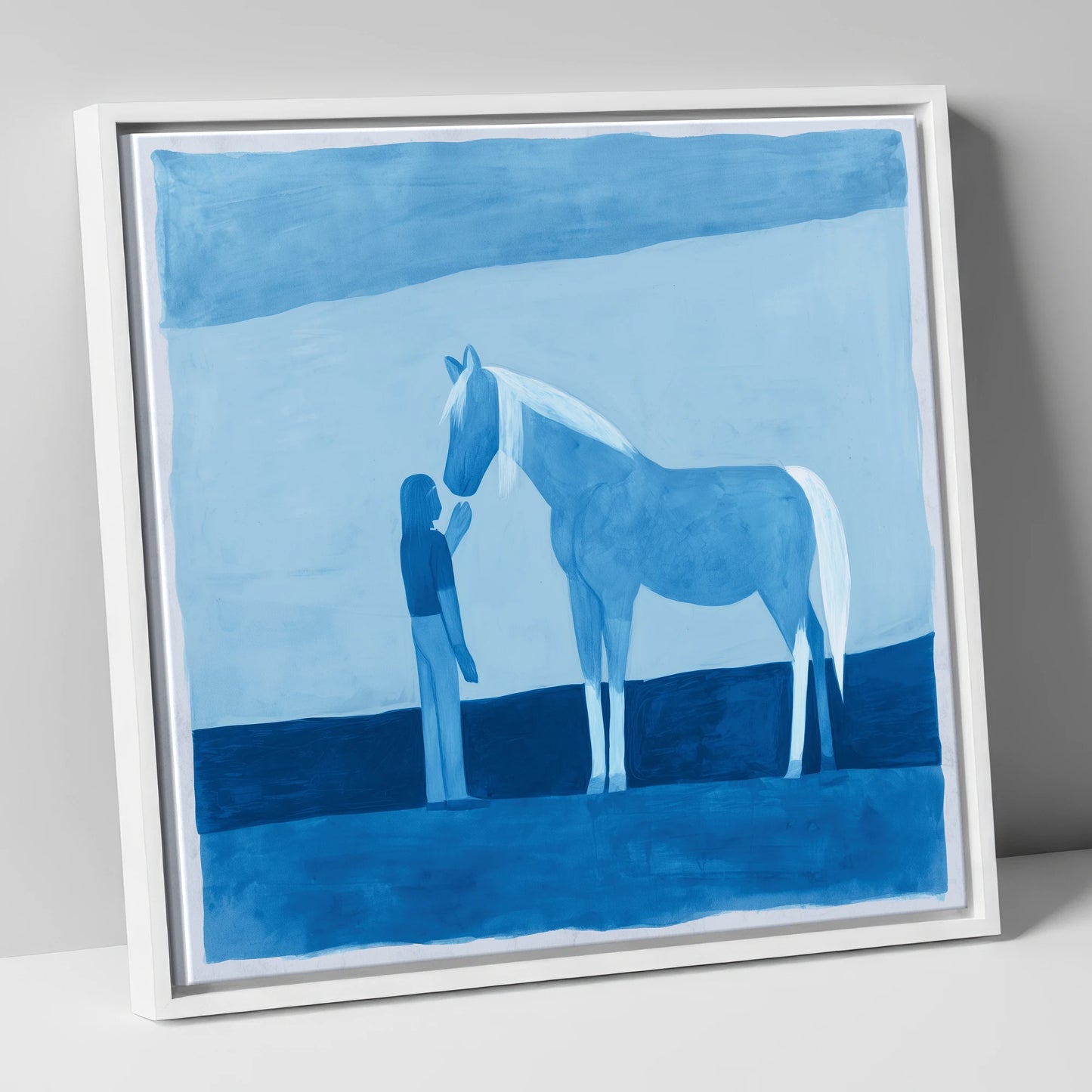 Cerulean Bond horse & rider canvas wall art in white frame