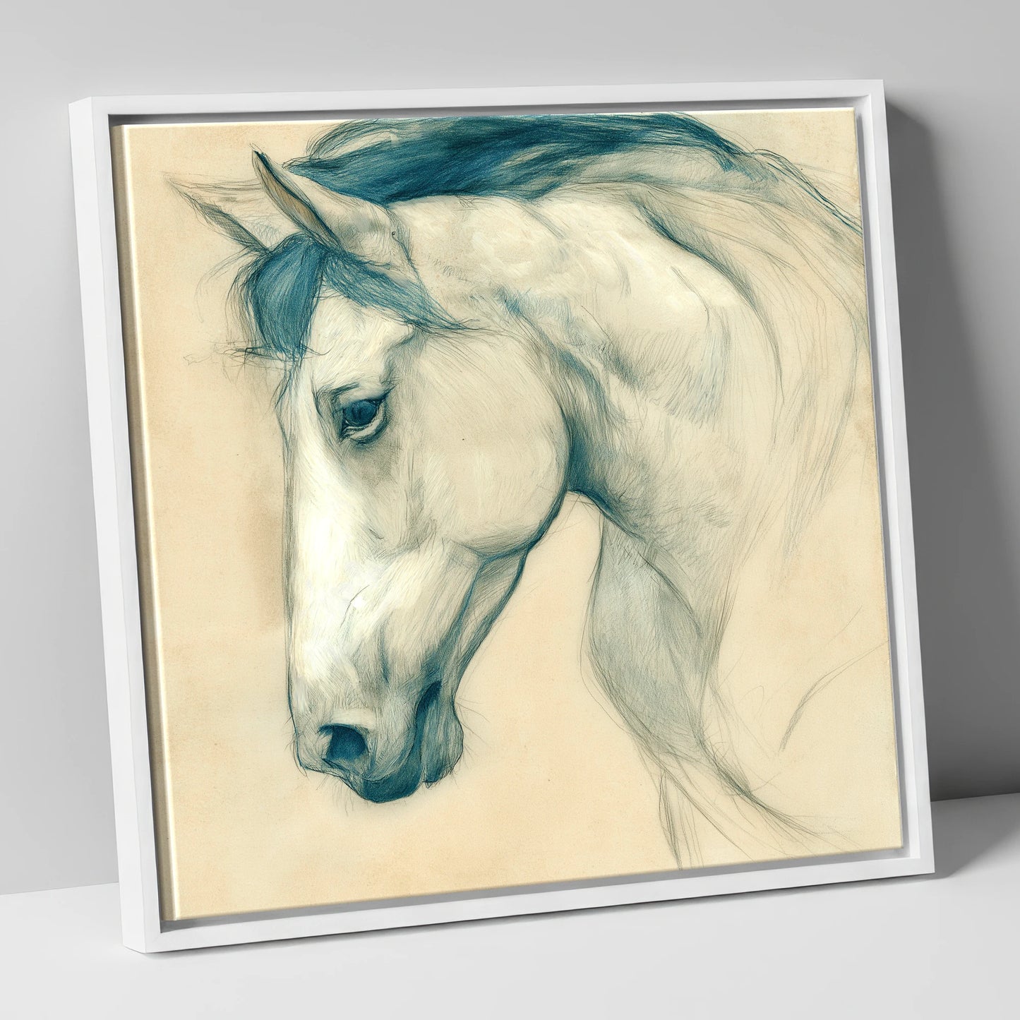 Quiet Grey Profile horse portrait canvas wall art in white frame