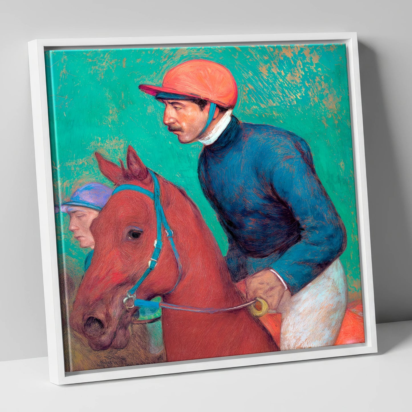 Turf Anticipation racing horse canvas wall art in white frame