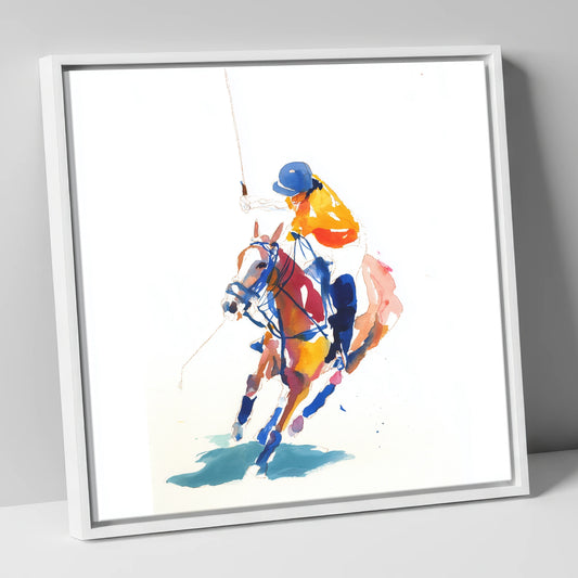 Dynamic Chukka polo horse canvas wall art in white frame