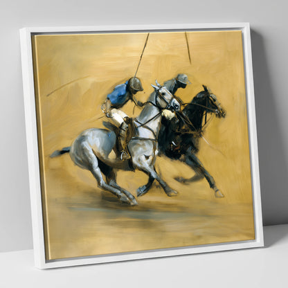 The Ride Off polo horse canvas wall art in white frame