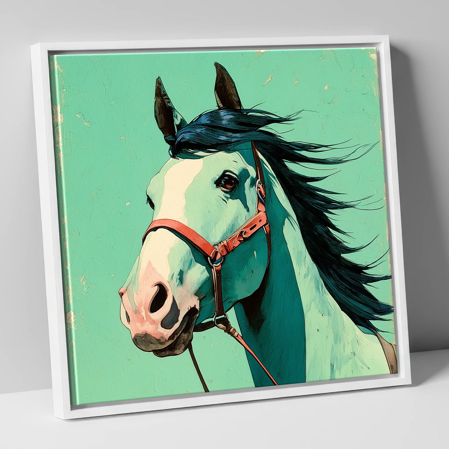 Windswept in Teal horse breed canvas wall art in white frame