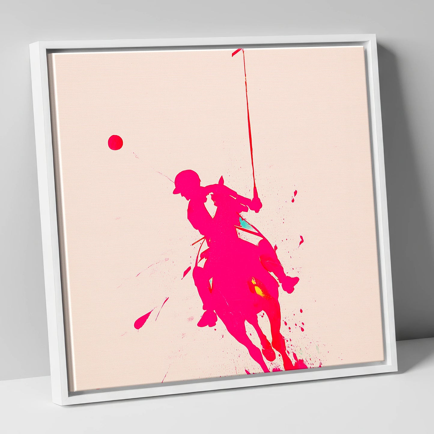Vivid Polo Strike polo horse canvas wall art in white frame