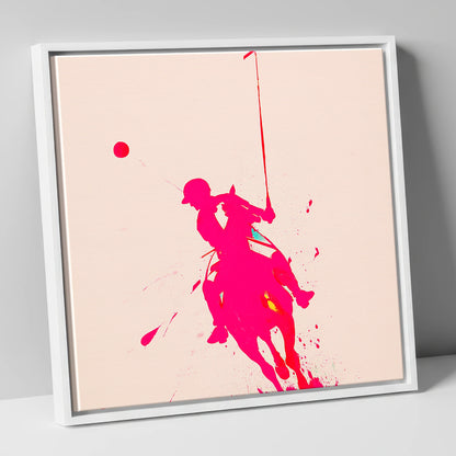 Vivid Polo Strike polo horse canvas wall art in white frame