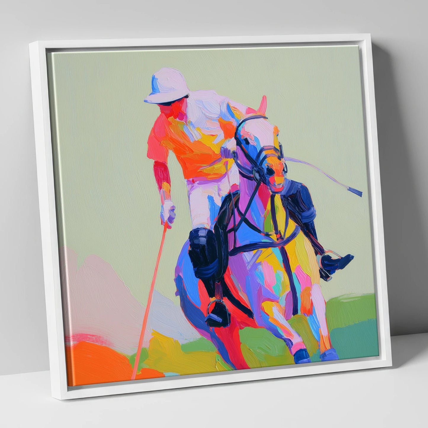 Technicolour Drive polo horse canvas wall art in white frame