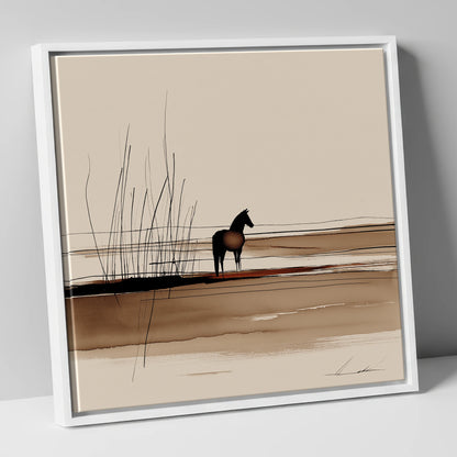 Marshland Solitude horse landscape canvas wall art in white frame