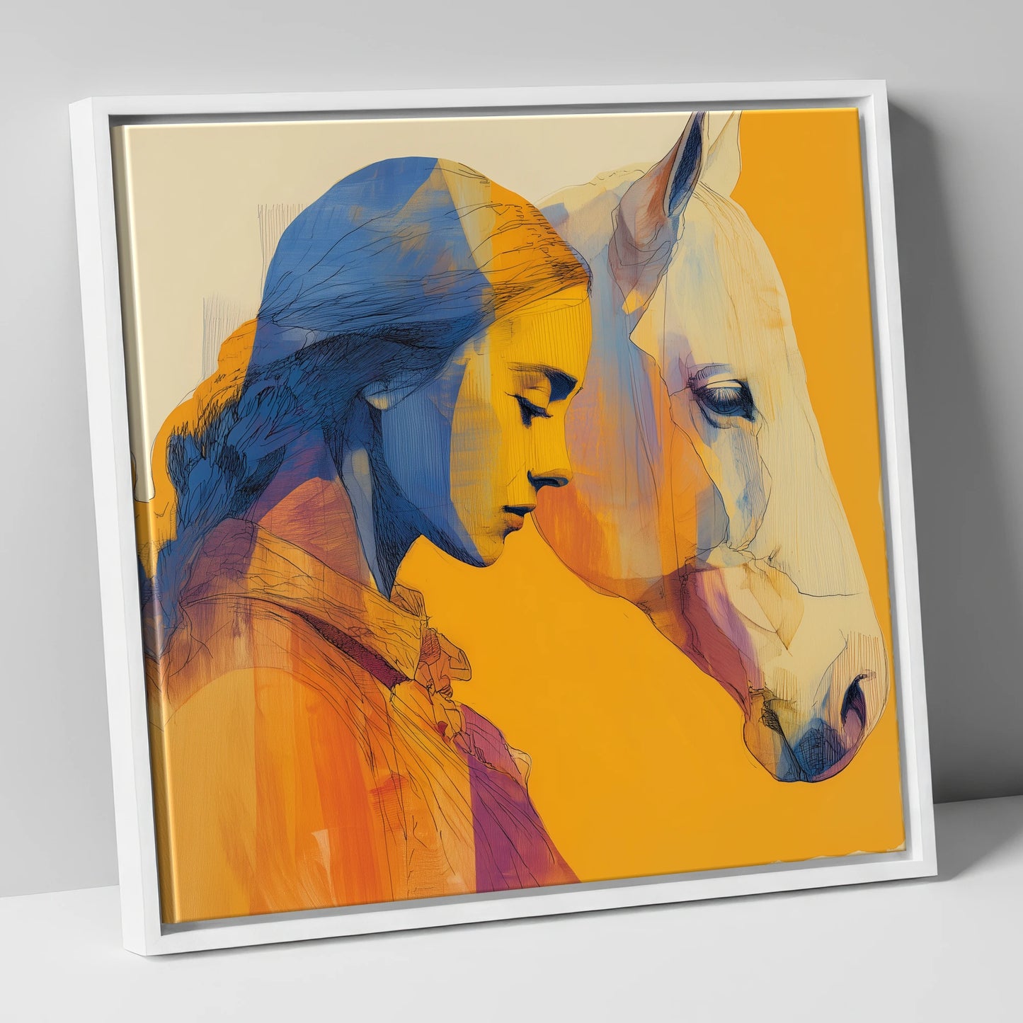 Amber Embrace horse & rider canvas wall art in white frame