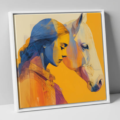 Amber Embrace horse & rider canvas wall art in white frame