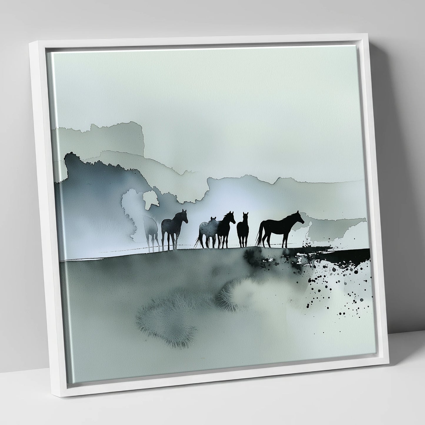 Silent Sentinels of the Mist wild horses canvas wall art in white frame