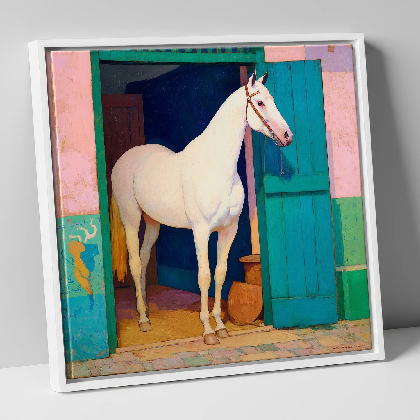 The Turquoise Door horse stable canvas wall art in white frame