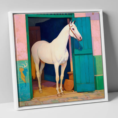 The Turquoise Door horse stable canvas wall art in white frame