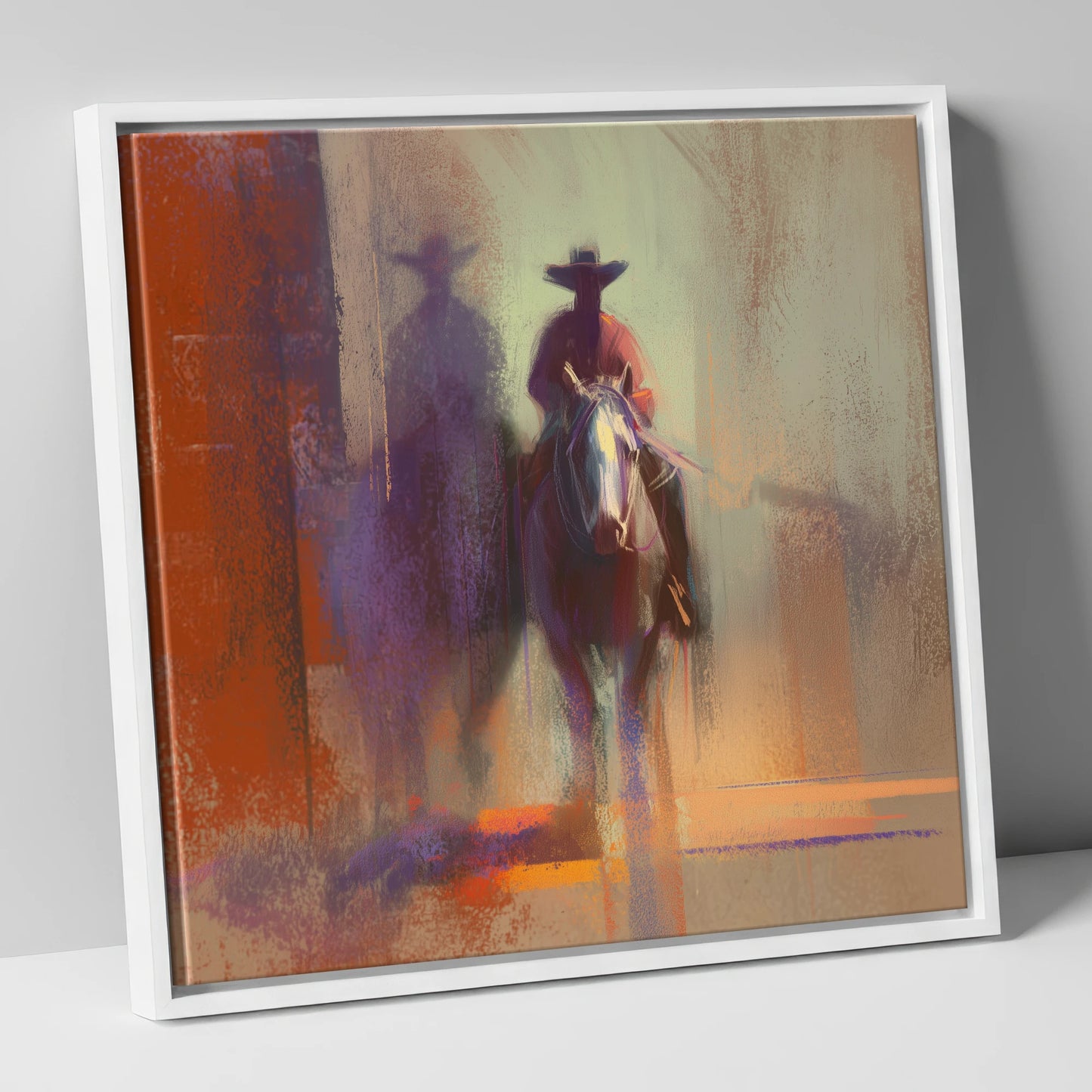 Rider in the Haze western horse canvas wall art in white frame