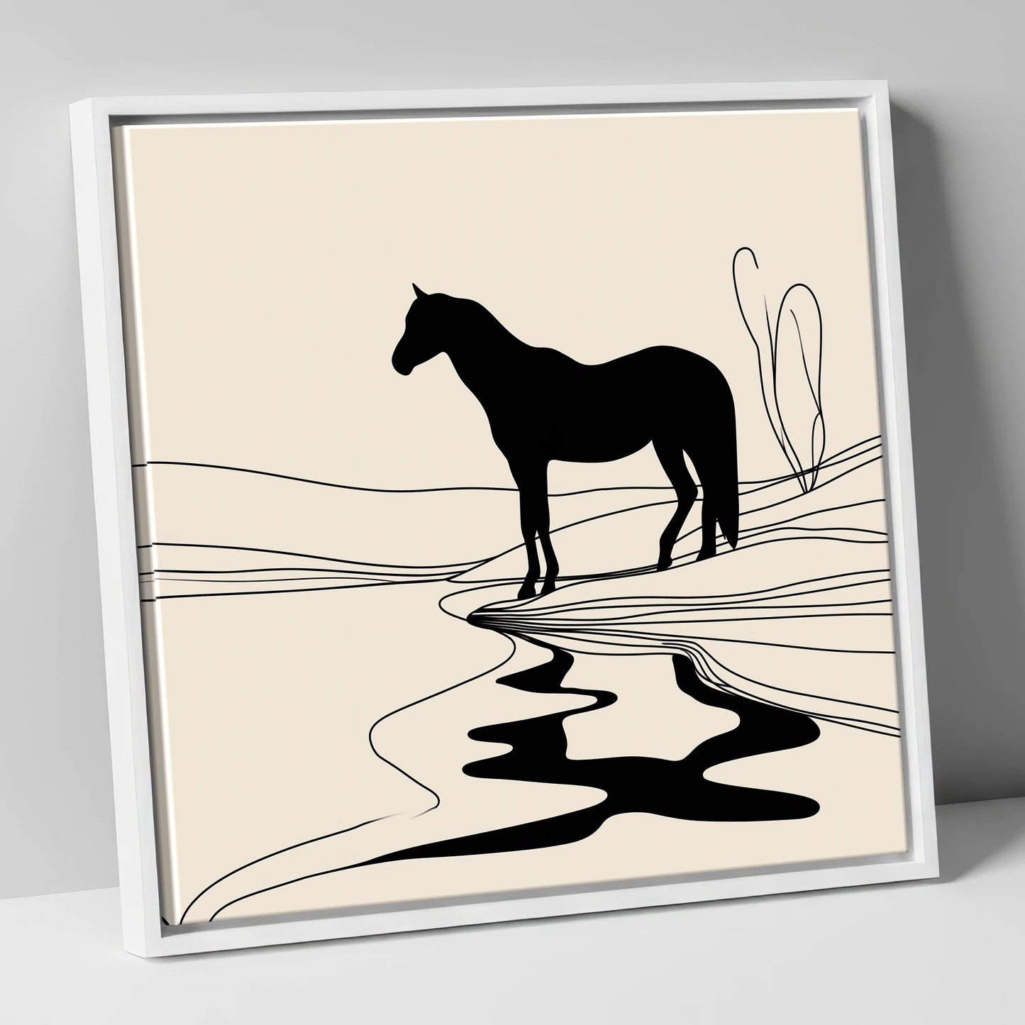 The Silent Oasis horse landscape canvas wall art in white frame