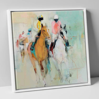 Echoes of the Turf racing horse canvas wall art in white frame