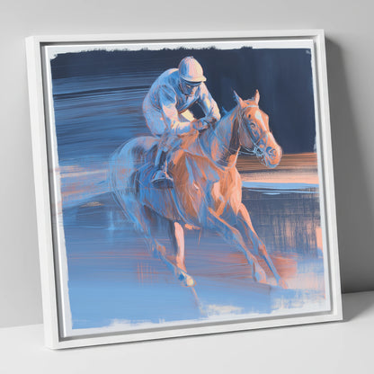 Twilight Stretch racing horse canvas wall art in white frame