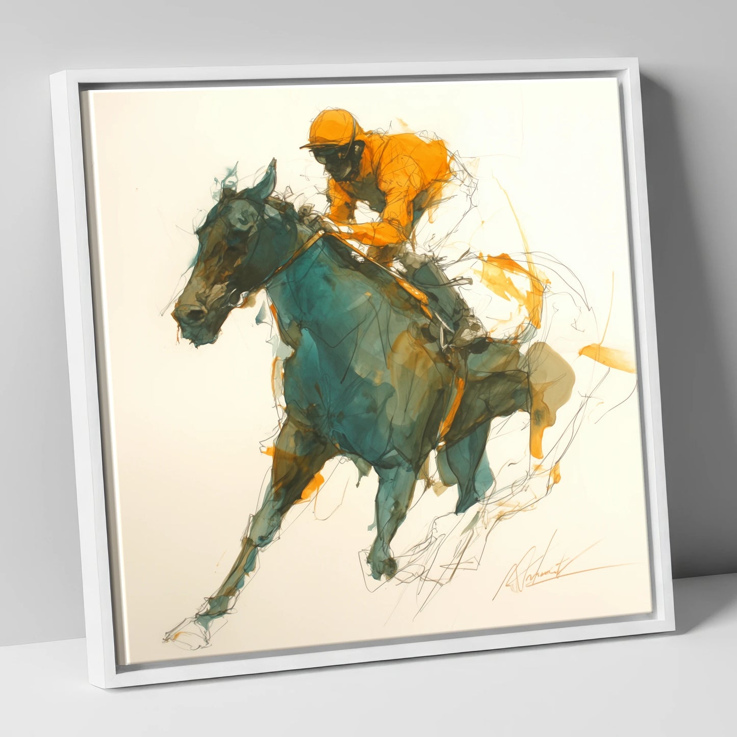 Amber Silks at Speed racing horse canvas wall art in white frame