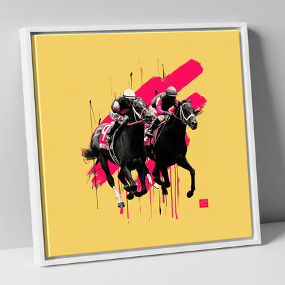 High Stakes Sprint racing horse canvas wall art in white frame