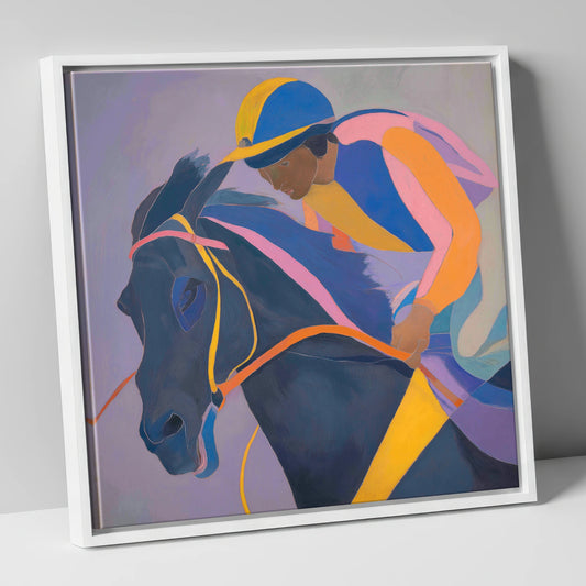 Dynamic Silks racing horse canvas wall art in white frame