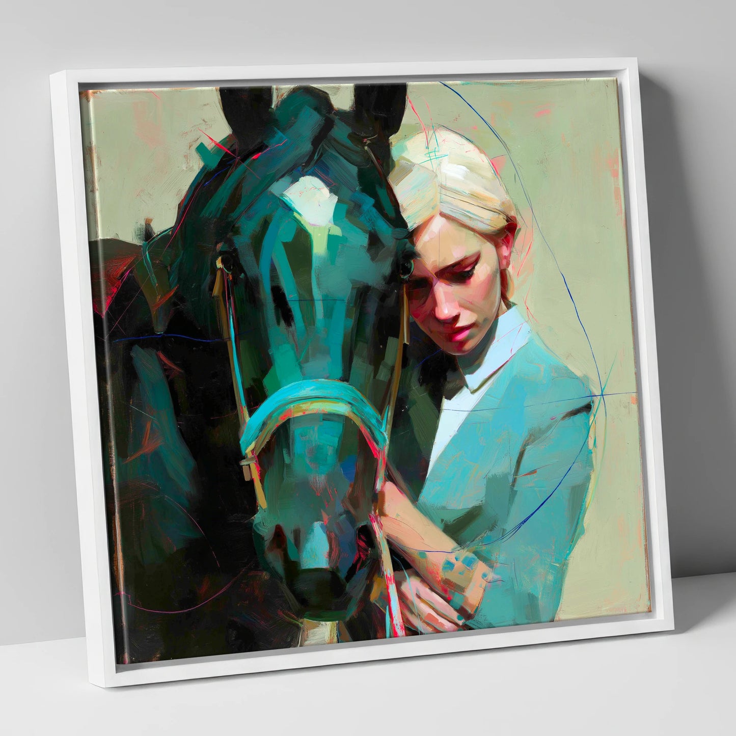 Silent Understanding horse & rider canvas wall art in white frame