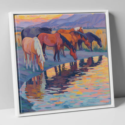Reflections at Dusk wild horses canvas wall art in white frame
