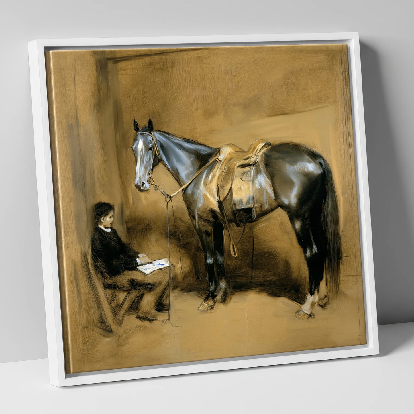 Quiet Stable Companions horse & rider canvas wall art in white frame