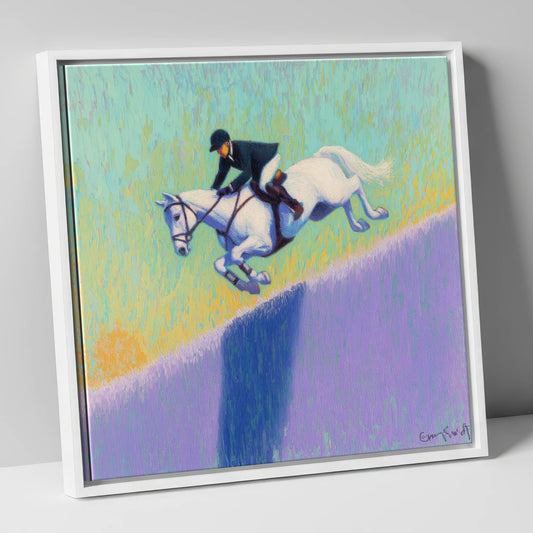 Flight Over Lavender show jumping horse canvas wall art in white frame