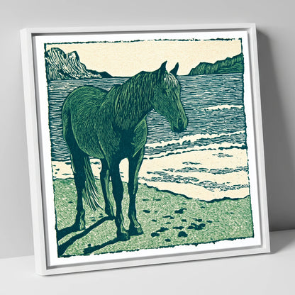 Shoreline Solitude horse landscape canvas wall art in white frame