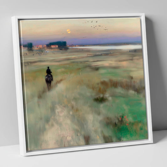 Twilight Hack horse landscape canvas wall art in white frame