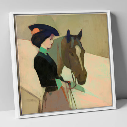 The Elegant Equestrienne horse & rider canvas wall art in white frame