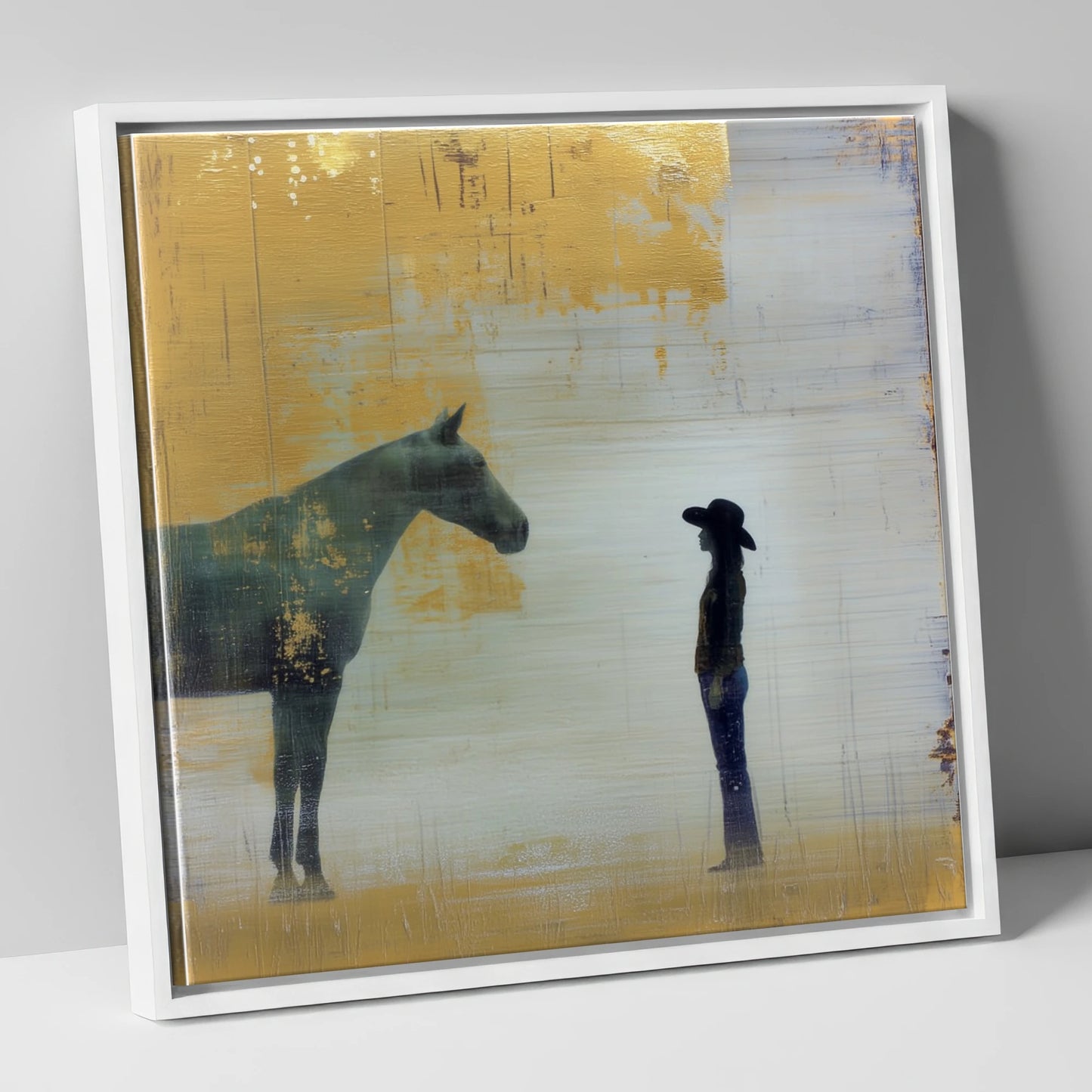 Golden Western Silhouette western horse canvas wall art in white frame