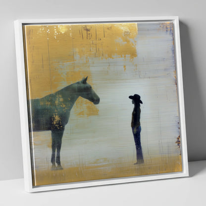 Golden Western Silhouette western horse canvas wall art in white frame
