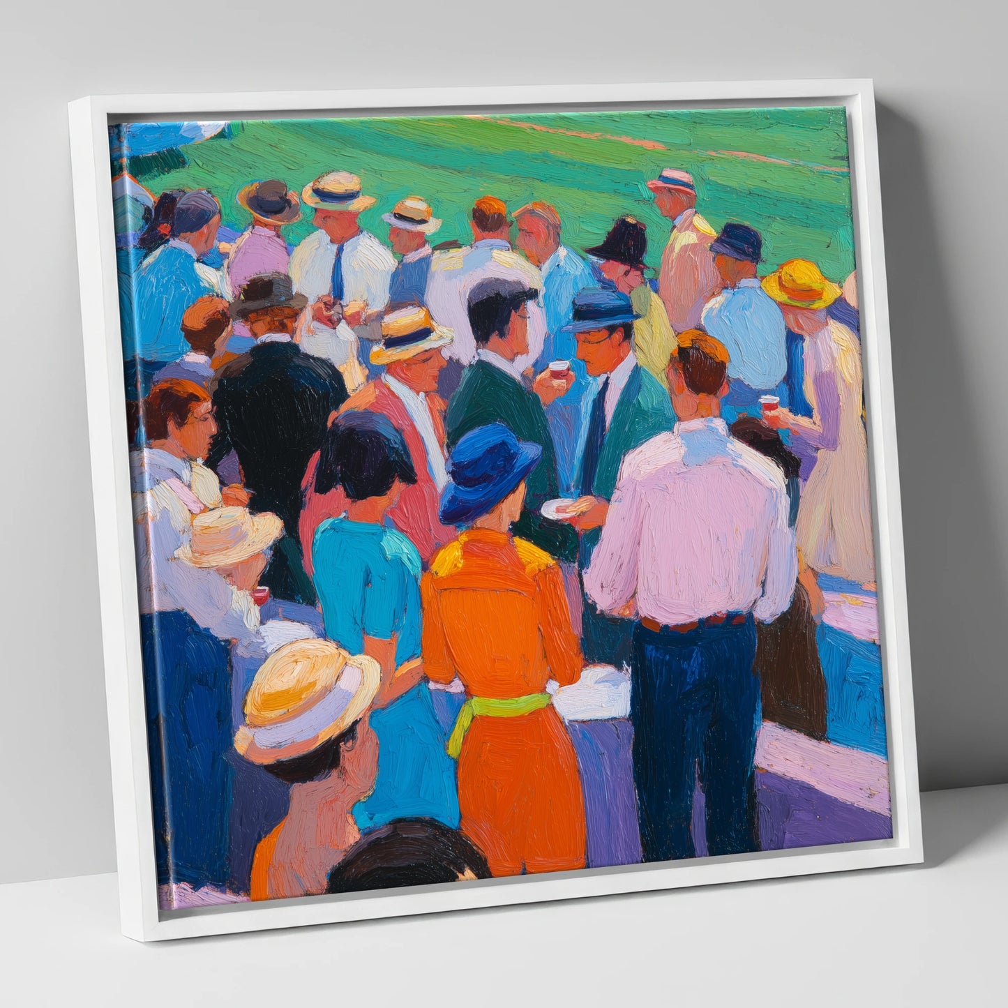 Colours of the Enclosure racing horse canvas wall art in white frame