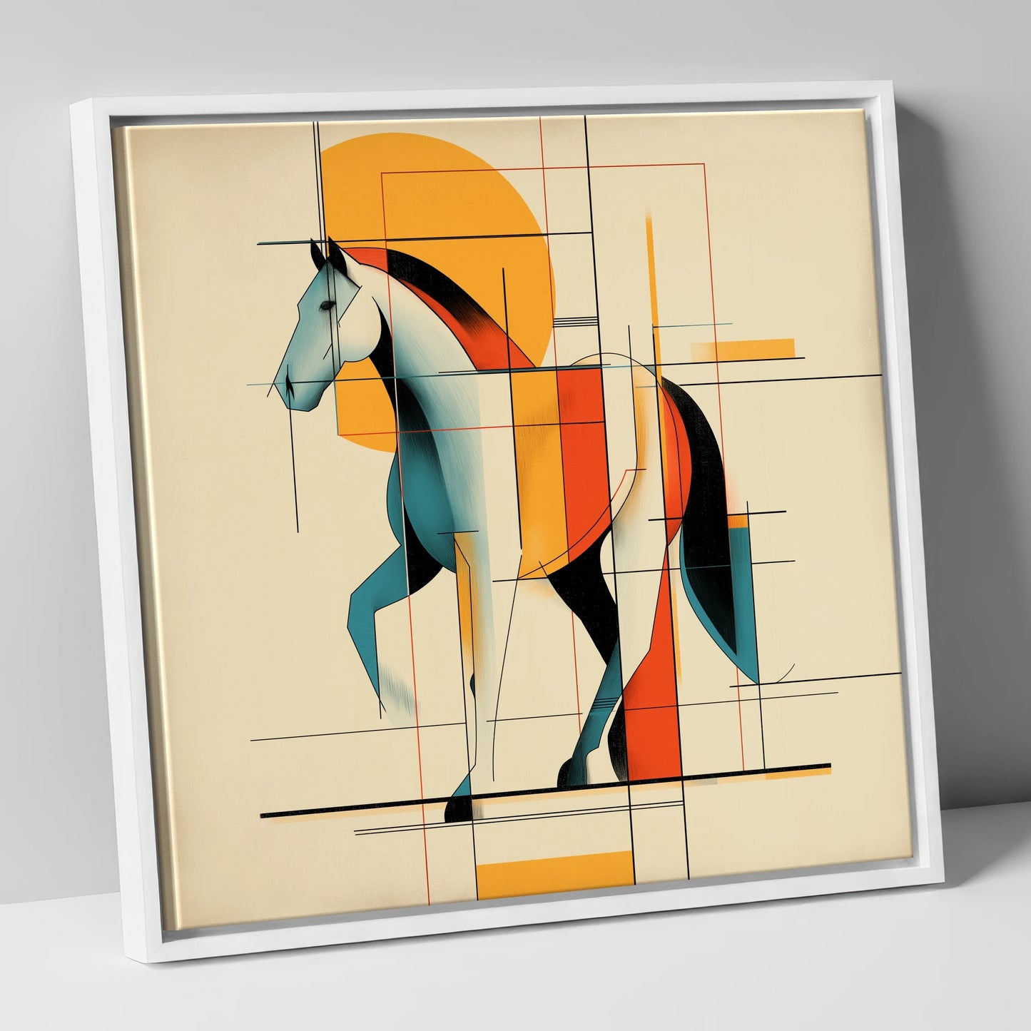 Geometric Equine Rhythm horse portrait canvas wall art in white frame