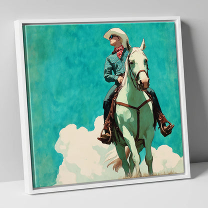 Teal Sky Rider western horse canvas wall art in white frame