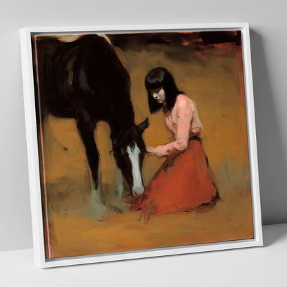 Quiet Communion horse & rider canvas wall art in white frame